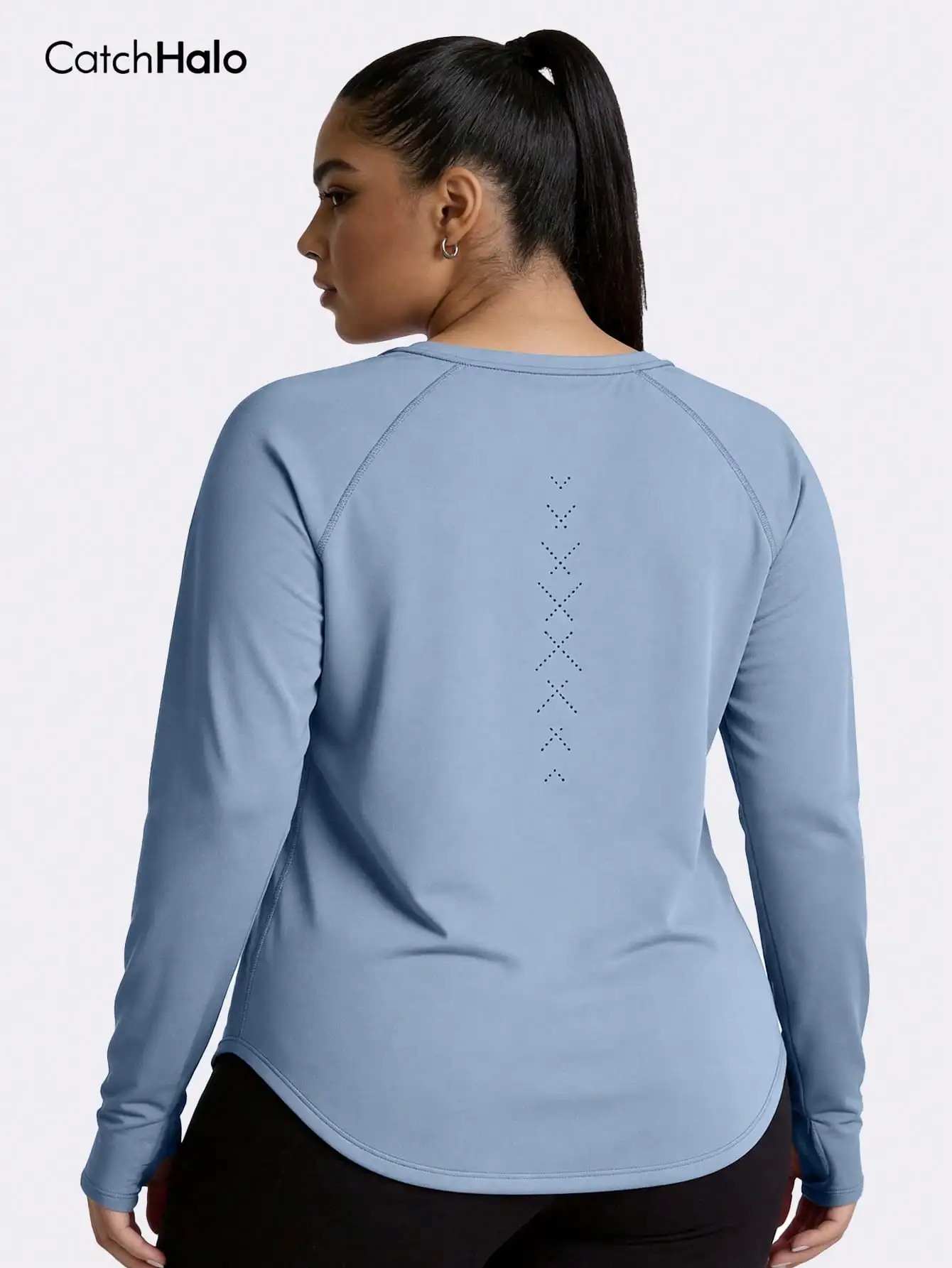 Plus Size Long Sleeve Workout Top Round Neck Curved Hem Thumb Holes Breathable Running Cycling Gym Tshirt