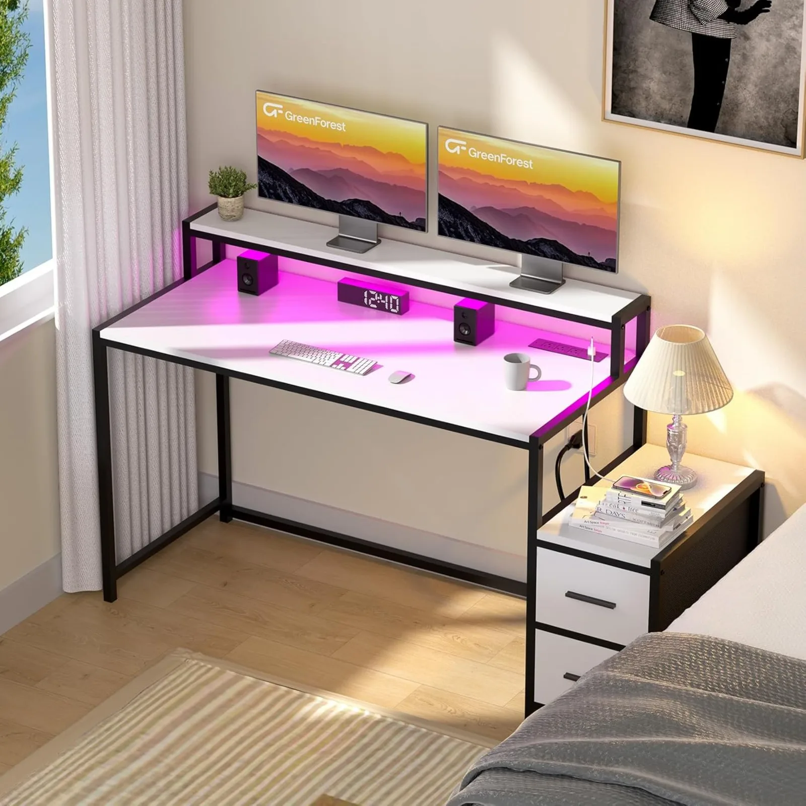 

US Small Desk for Bedroom, 39.4 inch Computer Desk with 2 Drawers, Gaming Desk with LED Light and Power Outlet,