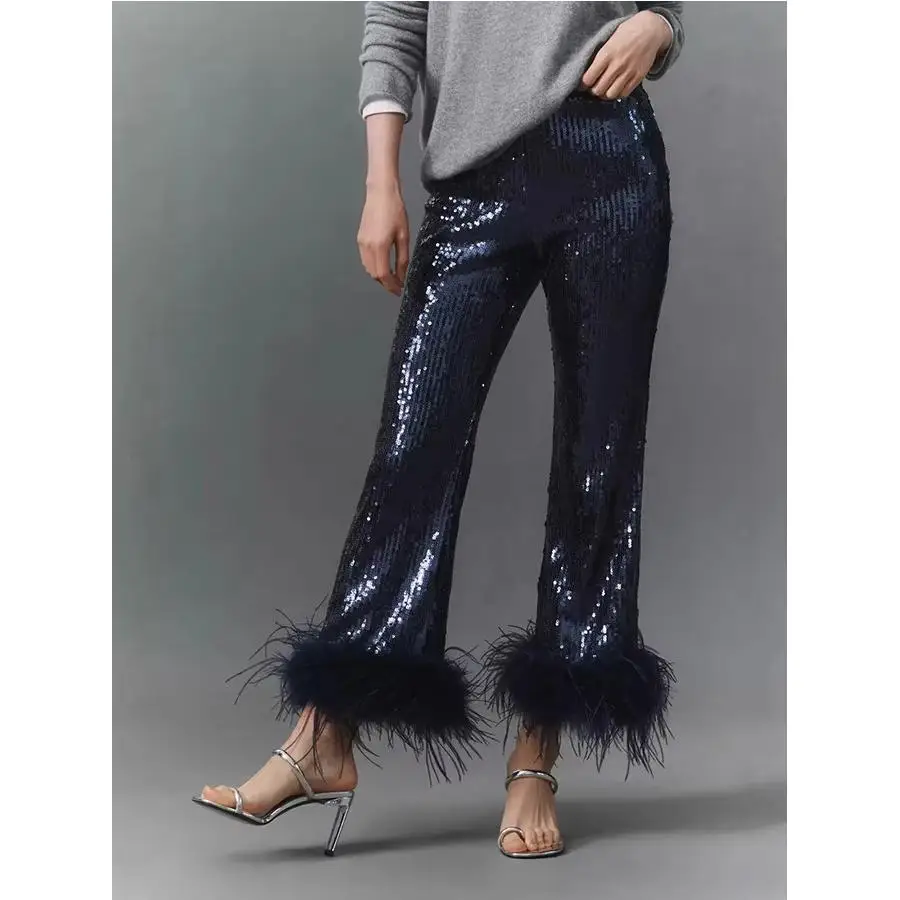 

Faionable Low-Waist iny Sequin Pants with Frayed Decorations Slim-Fit Par Trousers Women's Casual Pants European Sle