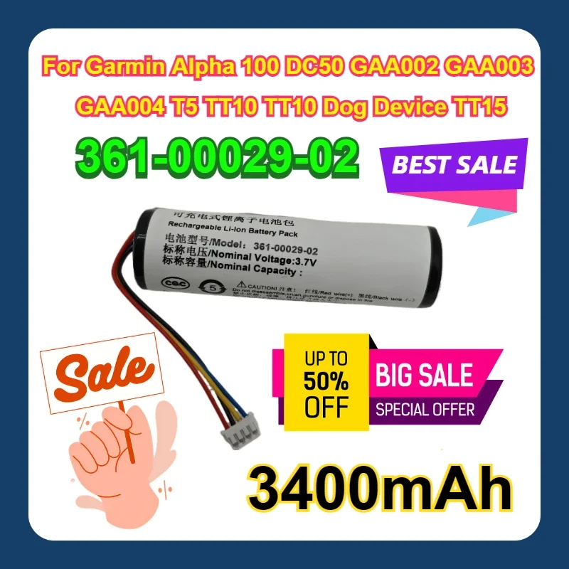 Battery 361-00029-02 for Garmin Alpha 100 DC50 GAA002 GAA003 GAA004 T5 TT10 TT10 Dog Device TT15 3400mAh