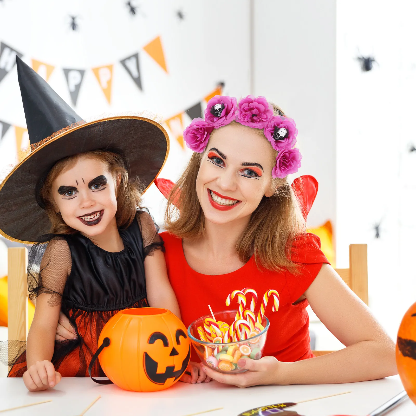 2Pcs Skull Headband Halloween Hair Hoop Simulation Flower Decoration Party Hair Accessory Comfortable Stylish Halloween Headband