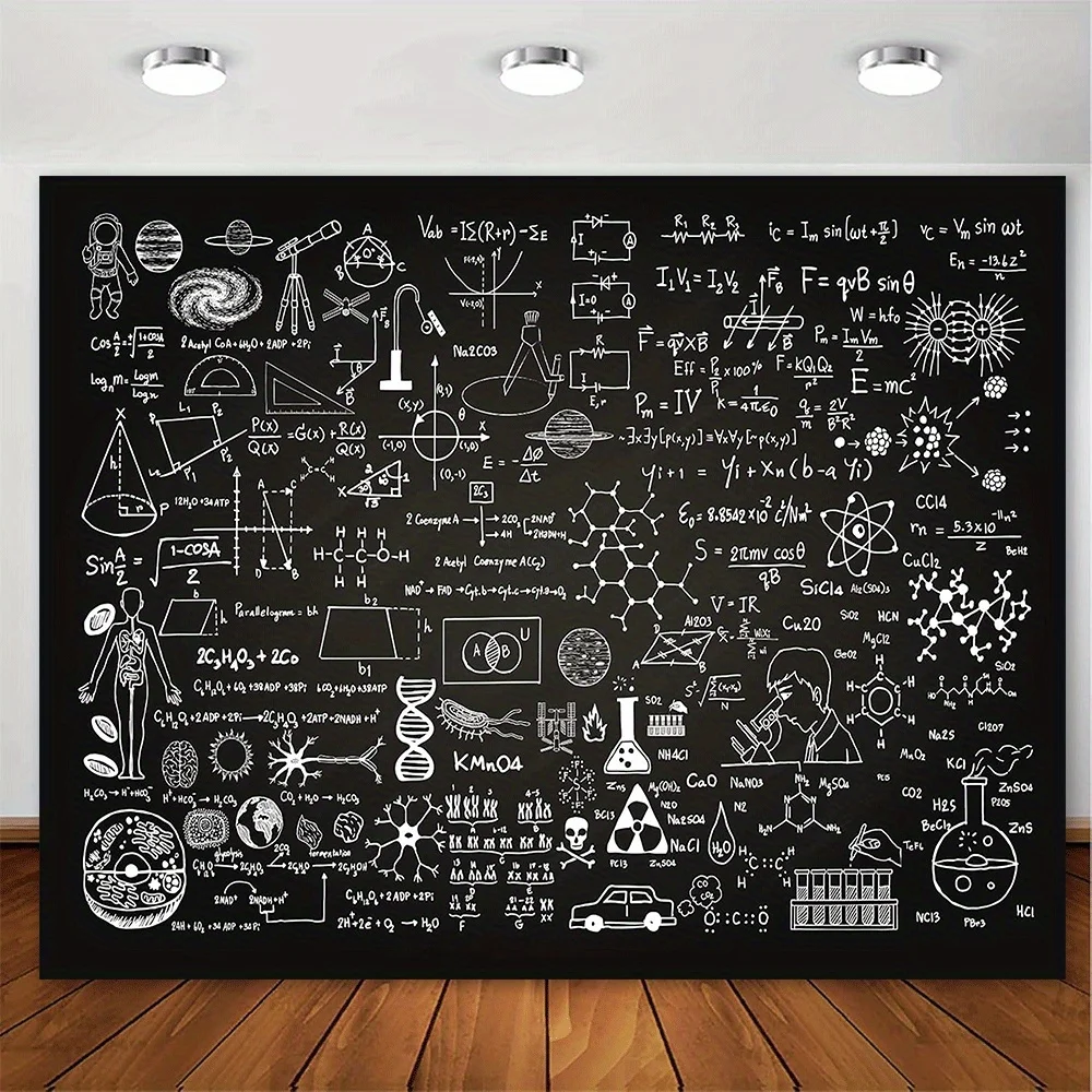 1pc Science Classroom Background - Blackboard-style background with chemistry, physics, mathematics and geometric formulas