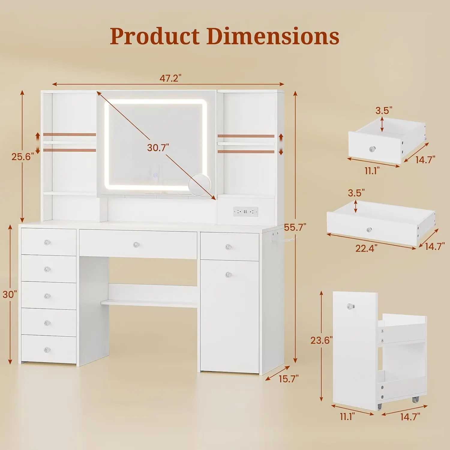 47.2'' Vanity Desk with Mirror and LED Lights, White, Customized