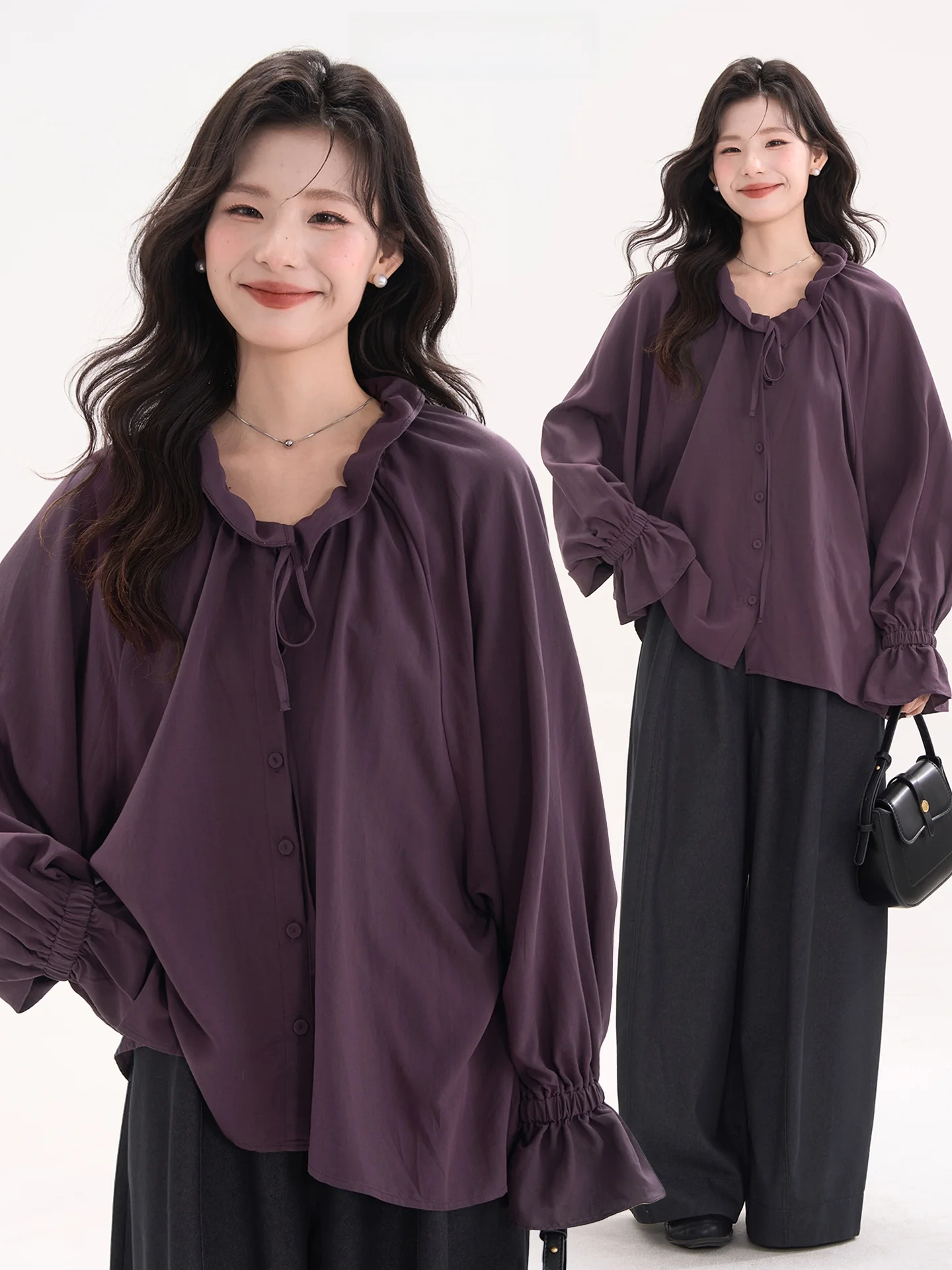 

Loose Purple irt Women's Dstring Hem T Top Breathable Cotton Polyester V-ne Long Sve Casual Faion