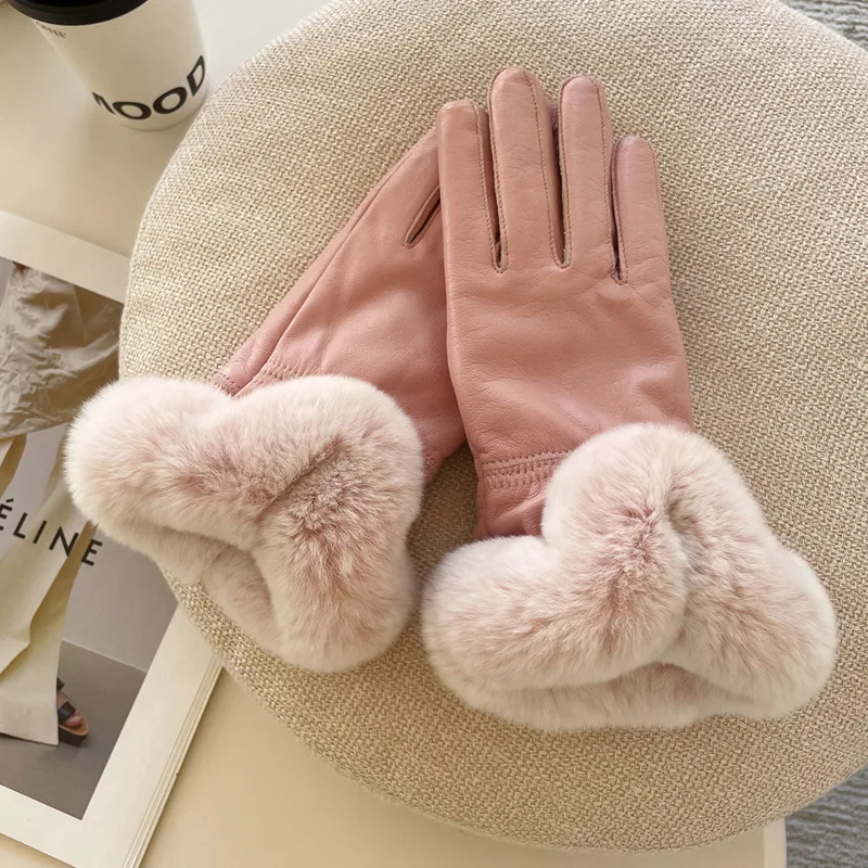 Genuine Sheepskin Gloves For Women Winter Thickened Real Sheepskin Gloves Female Warm Leather Gloves Outdoor Driving Warm Gloves