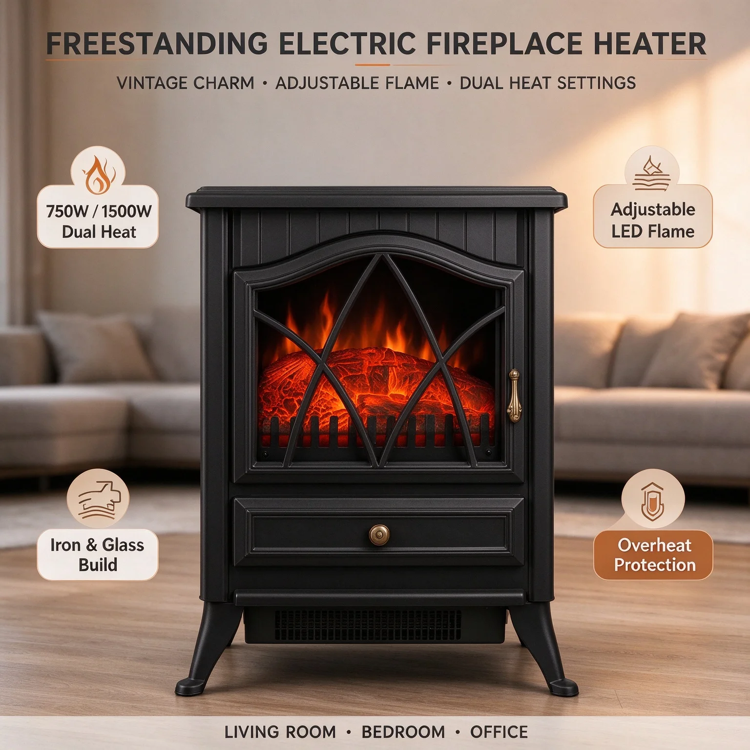 Freestanding Electric Fireplace Heater, Vintage Stove with 750W/1500W Dual Heat, Adjustable LED Flame, Overheat Protection and 120V Plug for Indoor Use