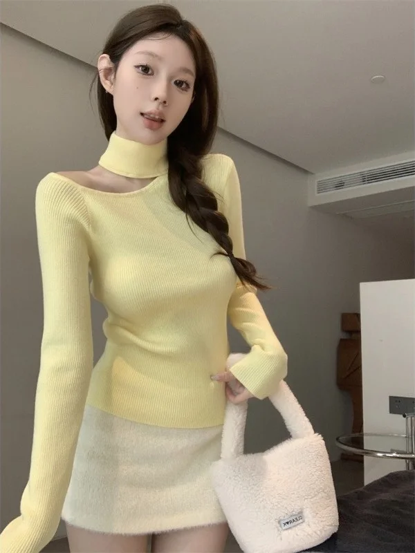 

Slim Fit Long Sve Knitted Sweater Women's Sle French Design Soft Cotton Bal Hanging Ne oulder Thin Autumn Base ...