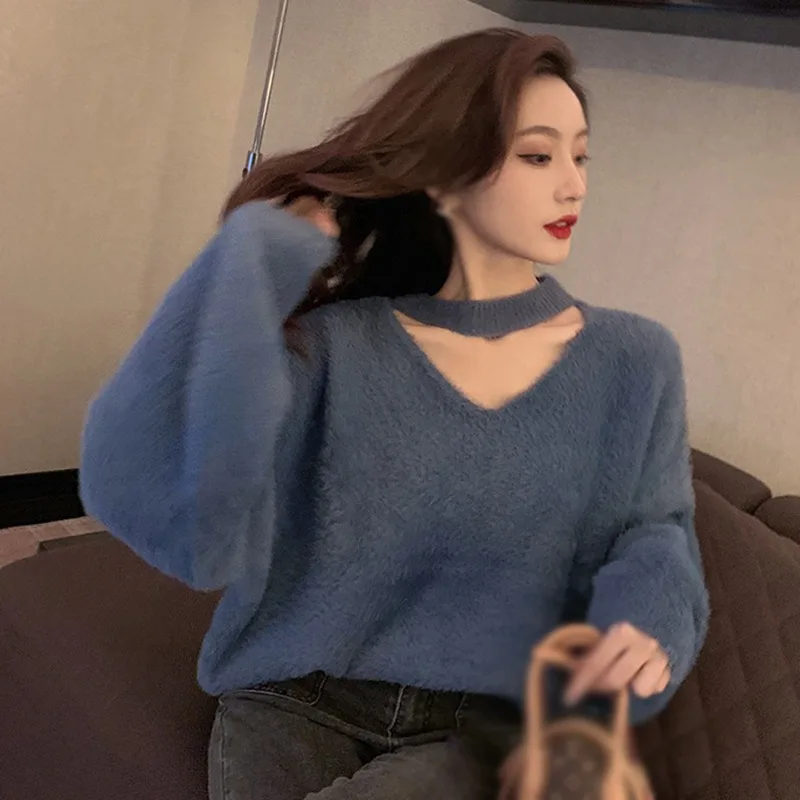 Korean Style Vintage Long Sleeve Sexy Slim Sweater Women\'s Sweater Autumn And Winter Hanging Neck Solid Color