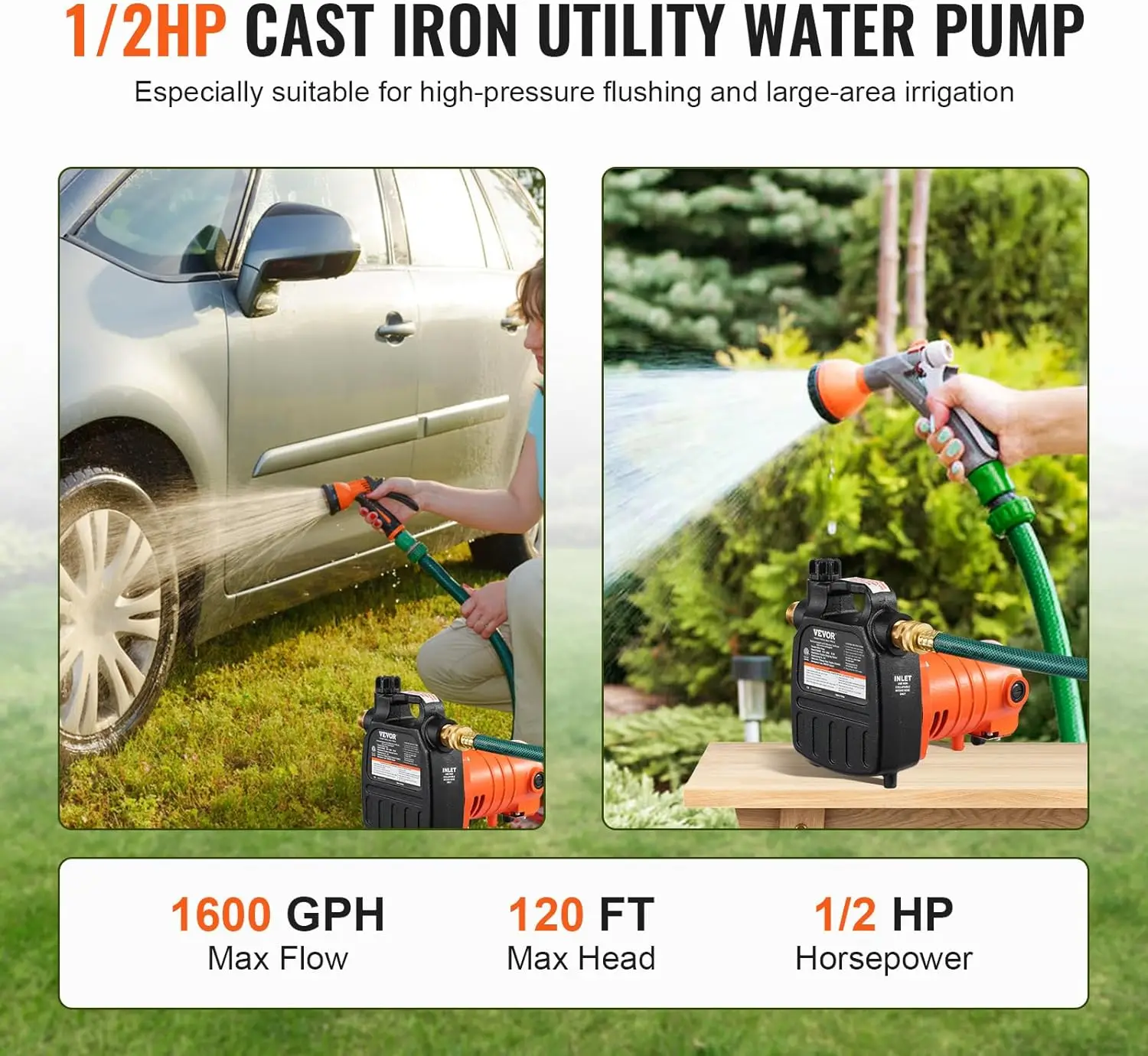 Cast Iron Water Transfer Pump,115V AC 1600 GPH 1/2HP, Portable Electric Utility Pump with Carbon Brush, Filter, Brass Connectors