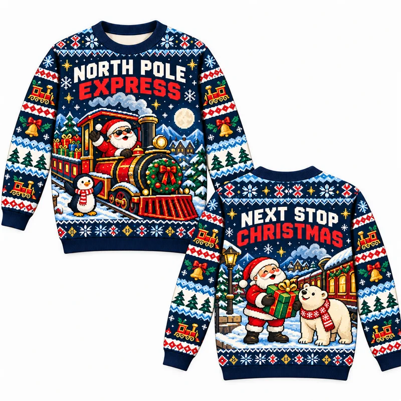 Funny Ugly Christmas Sweater Men Santa Campfire North Pole Express Hocus Pocus Baking Gift Magic Print Long Sleeve Pullover
