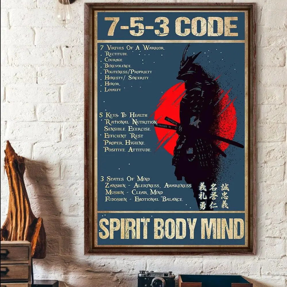 Metal Art Wall Decor 7 5 3 Code Spirit Body Mind Samurai in Japan Metal Sign Vintage Home Decor Rustic Aluminum Tin Signs W sign