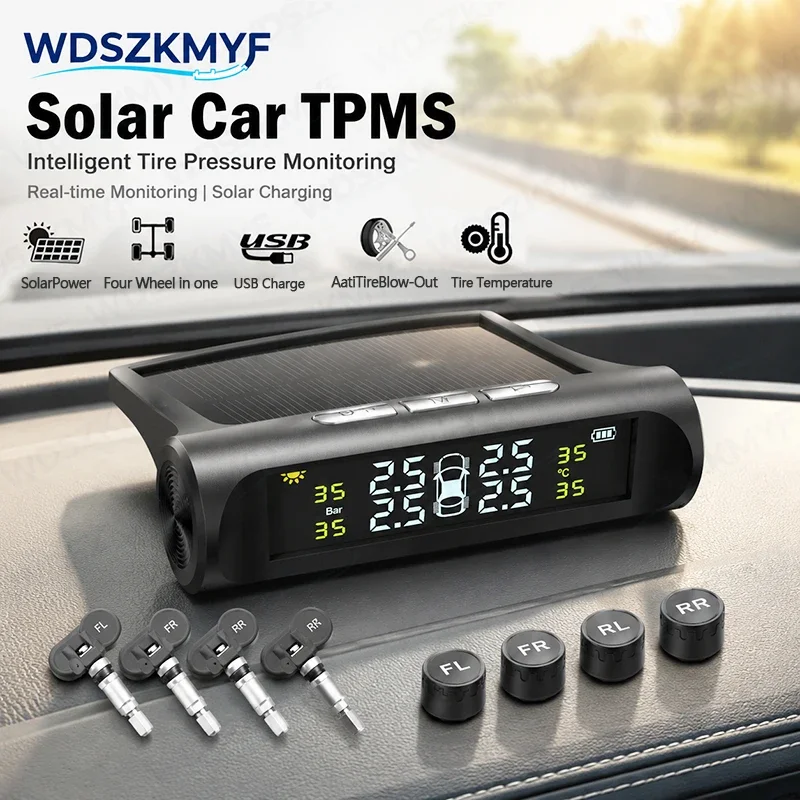 Car Tire Pressure Monitoring System TPMS  Solar Charging 4 Internal/External Sensor Real-time Display Auto Alarm Car Accessories
