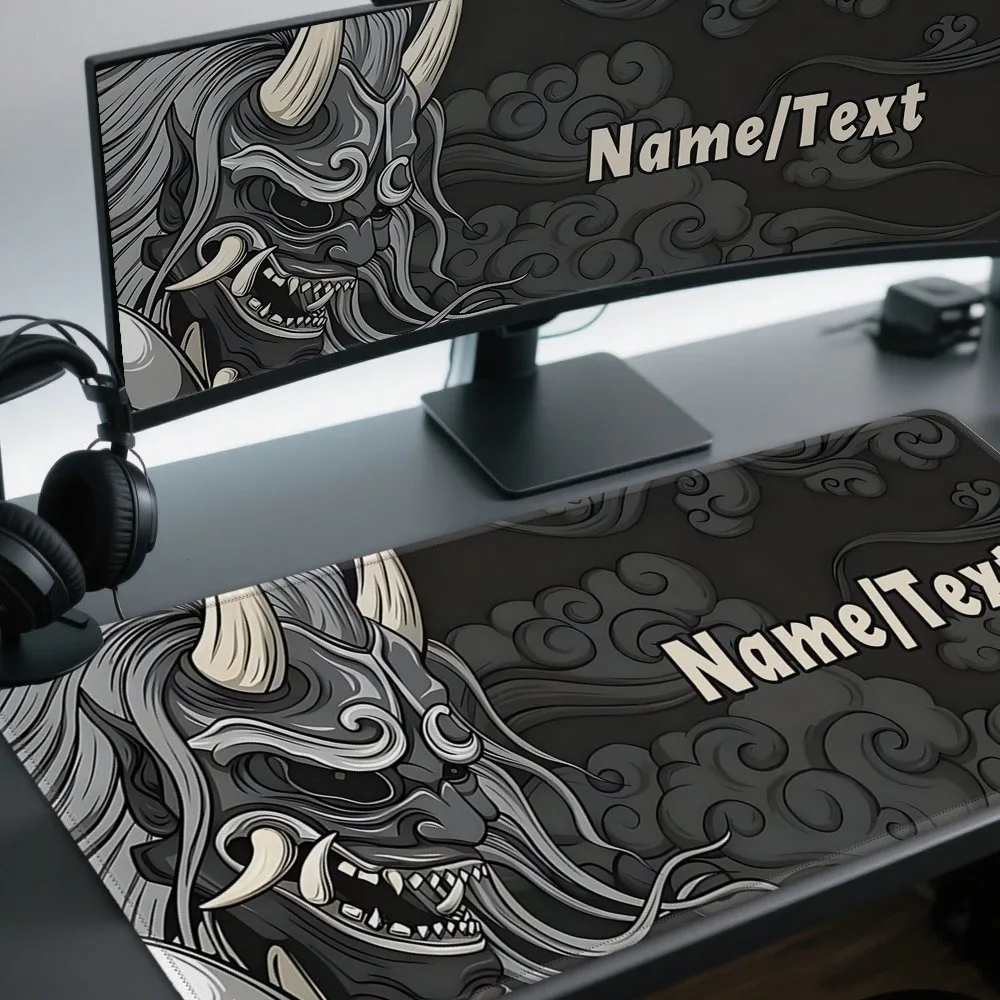 xtra Large Customizable Japanese Monster Gaming Mouse Pad, Artisan Black Gray Traditional Art, Rubber Mat Desktop Decor