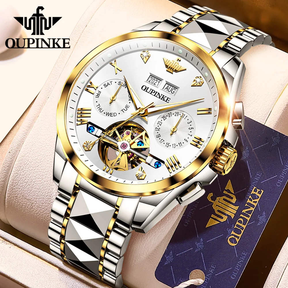 

OUPINKE Mens Automatic Watch Skeleton Mechanical Diamond Luxury Self Winding Dress Wrist Watches Sapphire Crystal Tungsten Steel