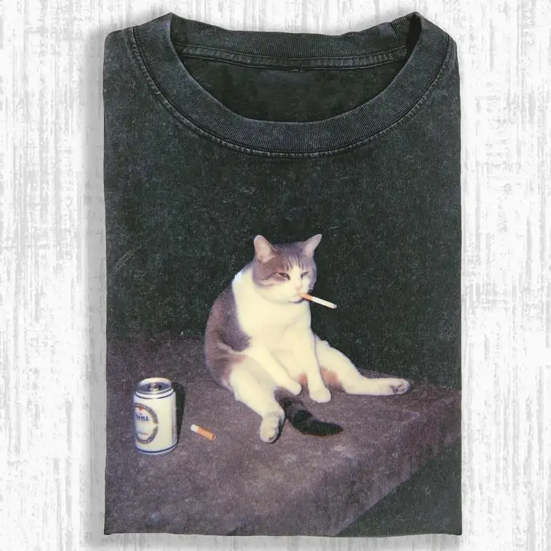

Funny Cat Vintage Washed Crew Neck Tee Heavyweight Regular Fit Casual Comfort Breathable Short SleeveT-shirts for Summer