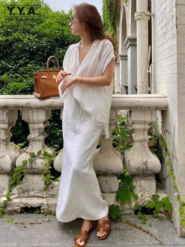 

Summer New Women Loose Fit Cotton Linen V Neck Tops Ankle Length Long Skirt Two Piece Set Designer Holiday Outfits Matching Sets