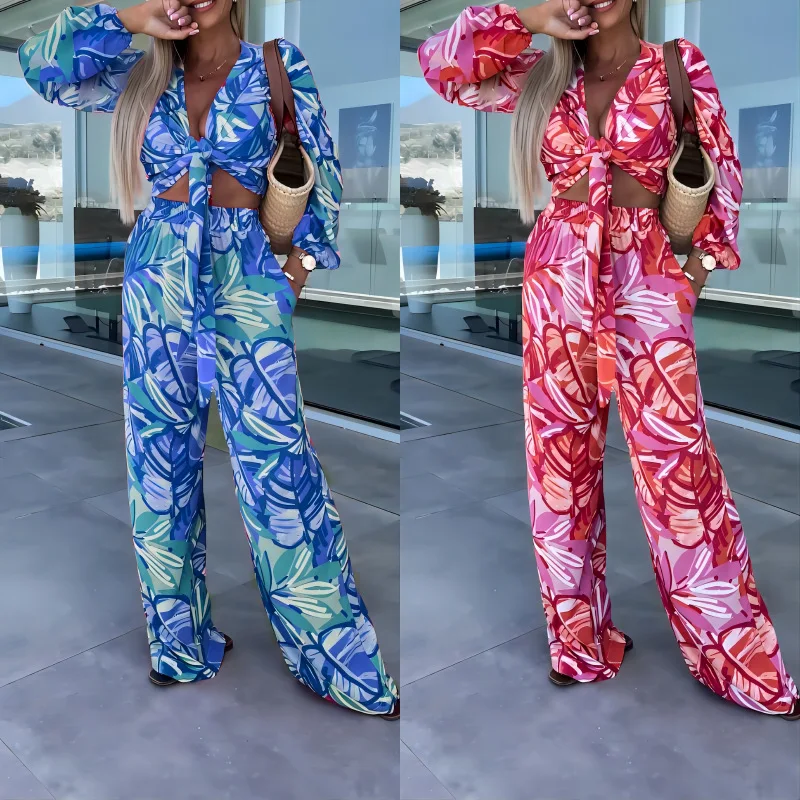 

Women Print Pant Sets Two Piece Lace Up Shirts Full Sleeve Elastic Waist Wide Leg Trousers Loose Fit Ladies Bohemian Beach