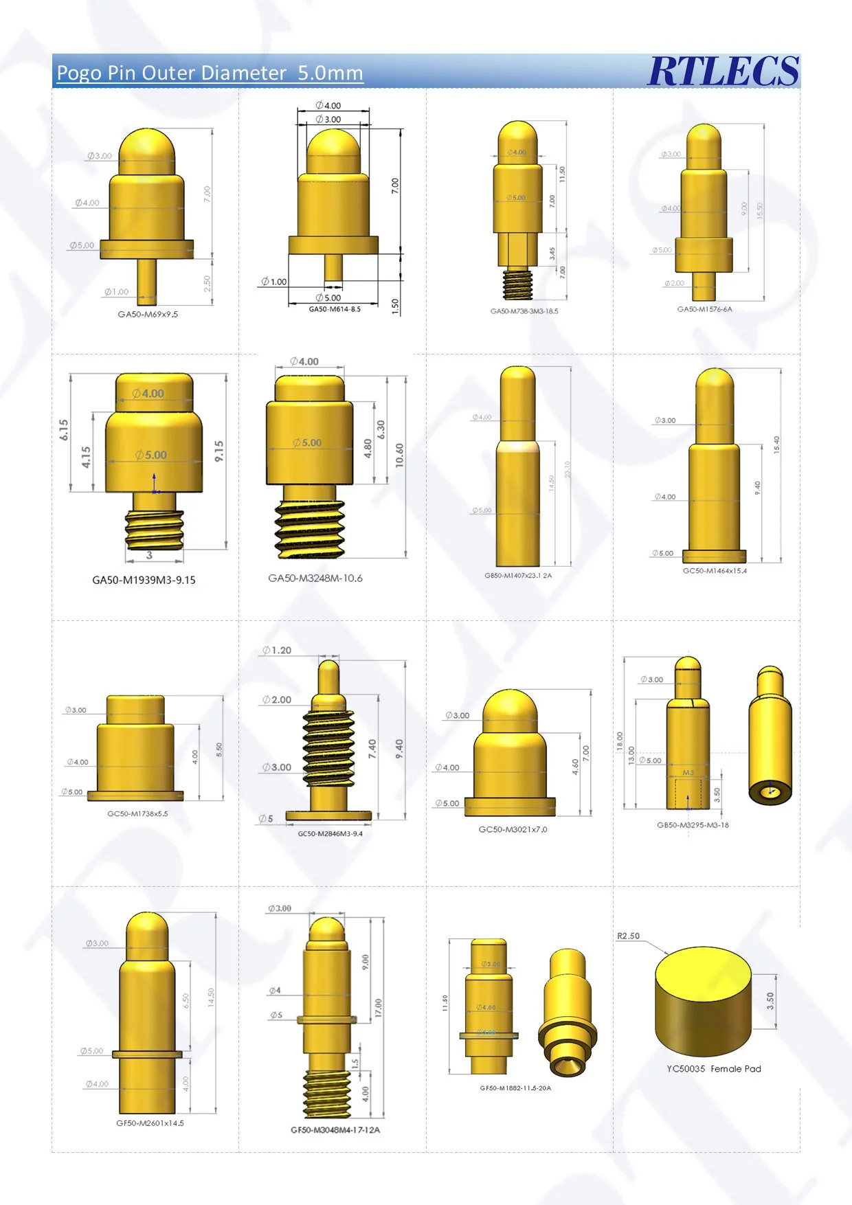 Pogo Pin Connectors High Current 1A 2A 5A 20A Outer Diameter 5.0mm Spring Loaded Pogopin Gold Plated 3u