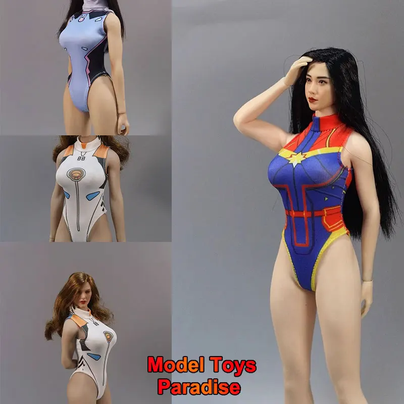 DMTOYS 1/6 Woman Soldier Anime Sleeveless Jumpsuit Captain Marvel Tight Half Zip Swimsuit Fit 12nch PH Action Figure Body