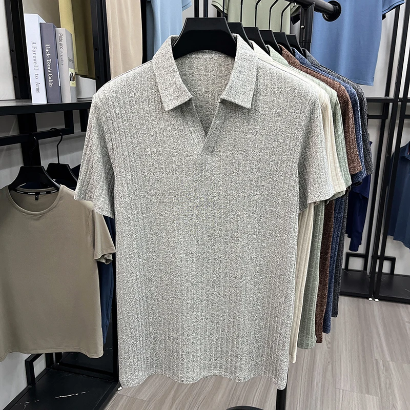 Herren Atmungsaktives Strick-Poloshirt Kurzarm V-Ausschnitt Gestreifter Stoff Bequem Leichtgewichtig Lässig Business Tägliche Kleidung – Detail 21