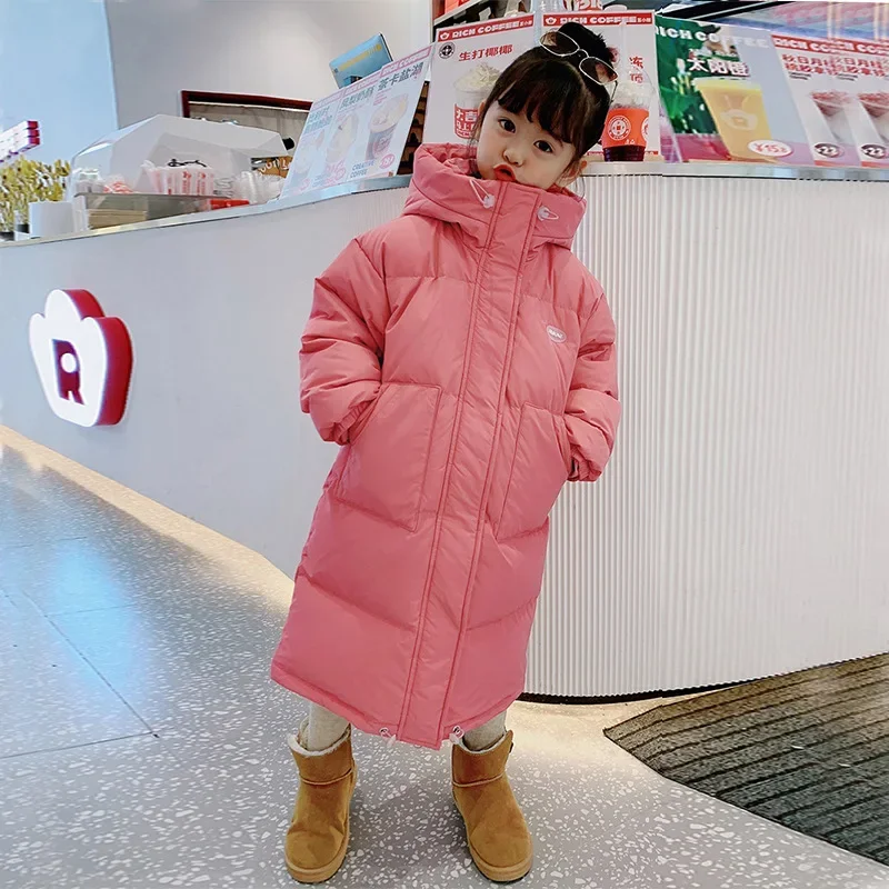 

3-12 Years Winter Girls Down Jacket Long Style Solid Color Fashion Parka Coat Hooded Zipper Outerwear Birthday Gift Kids Clothes