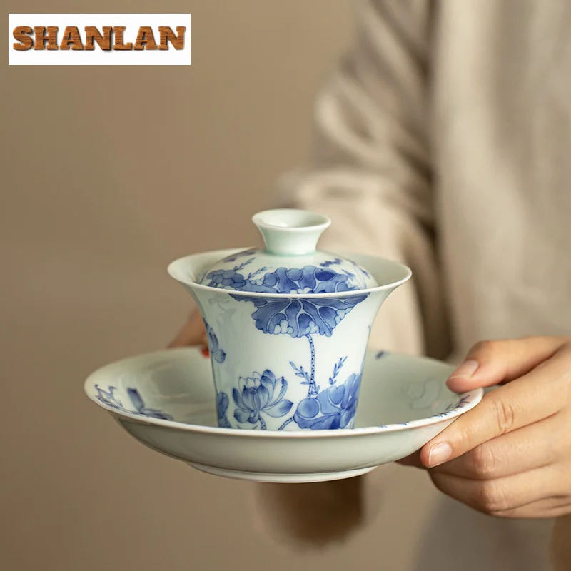 

120ml Handmade Blue And White Gaiwan Antique Underglaze Color Lotus Cup Saucer Tea Tureen Tea Making Cover Bowl Tea Items Gift