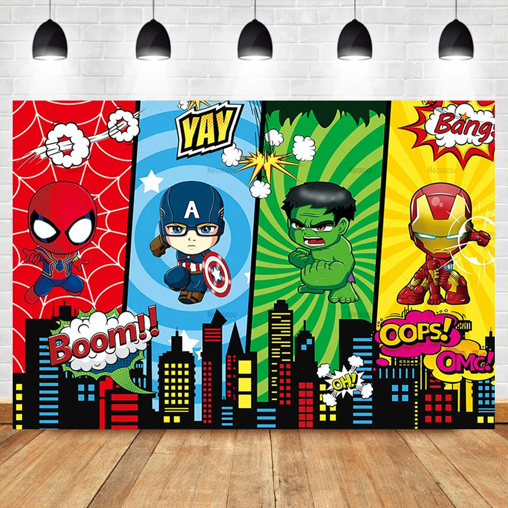 Toile de fond thème Avengers avec nom personnalisé, bannière de fête d'anniversaire pour enfants, affiche de fond de photographie de héros de ville, Spider-Man Hulk Iron Man