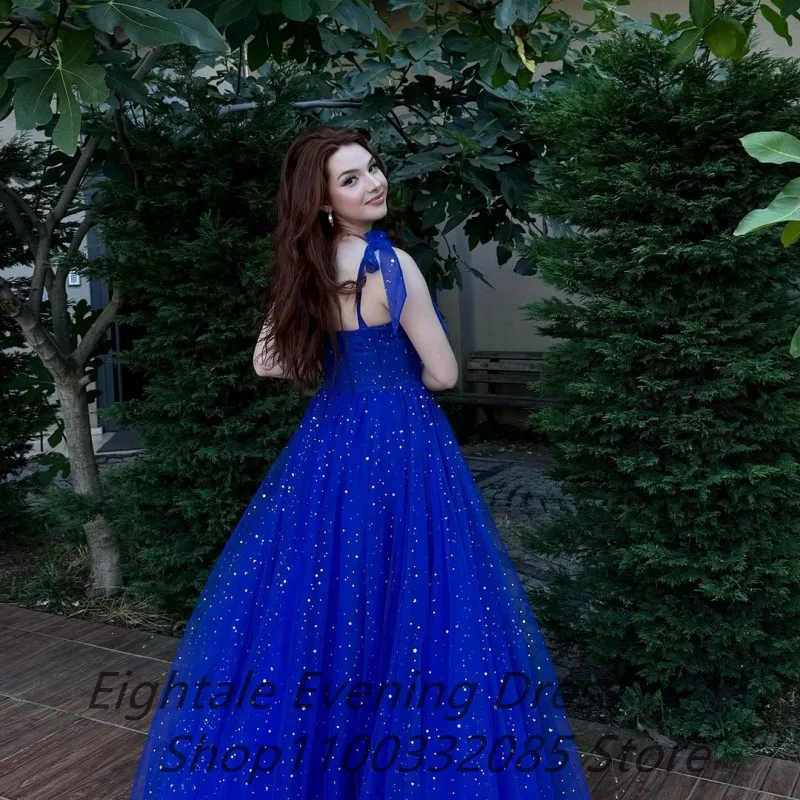 2025 Star Sequin Tulle A Line Long Beach Summer Prom Dress For Graduation Straps Sweetheart Neck Royal Blue Floor Length Evening