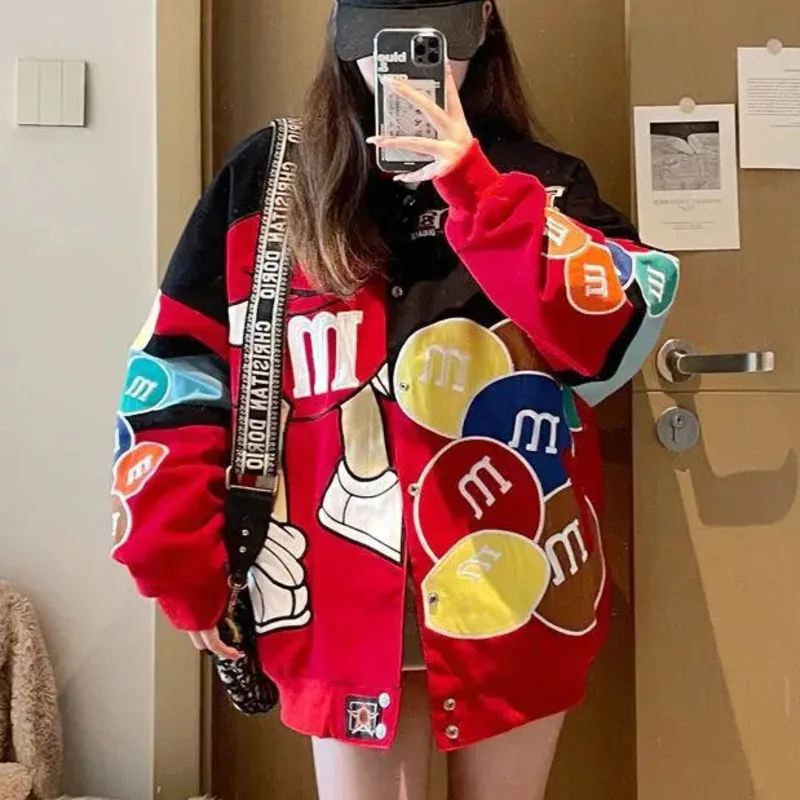 

Плюшевое бейсбольное пальто большого размера с вышивкой, уличная куртка с графическим буквенным принтом, однобортная верхняя одежда для пар Y2k, женское пальто