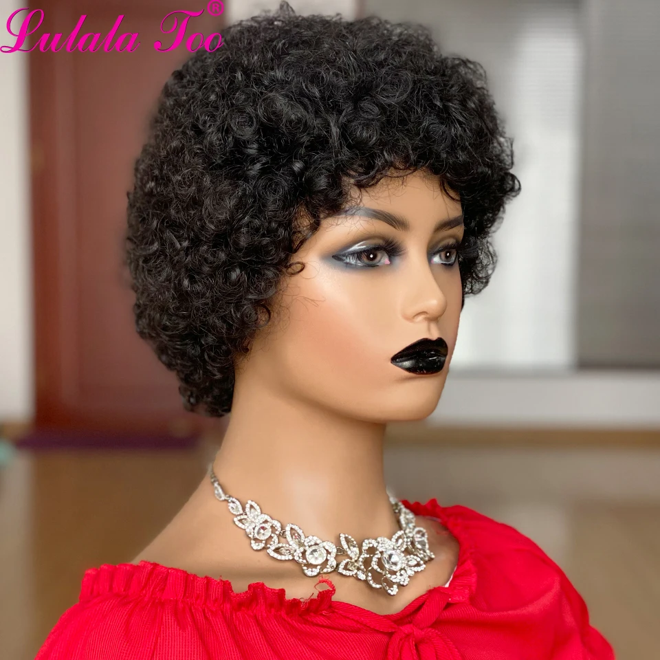 Curto afro kinky encaracolado peruca pixie corte perucas brasileiras remy cabelo afro puff perucas de cabelo humano para as mulheres completa mahine feita perucas