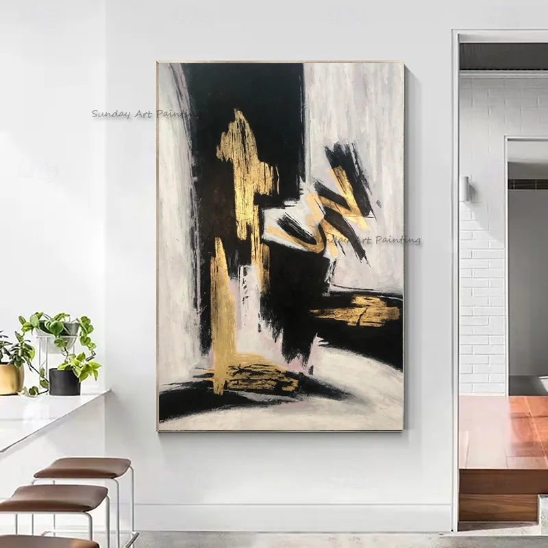Black And White Golden Abtsract Thick Oil Painting Hand Painted Grey Golden Canvas Wall Art New Gold Foil Artwork For Decor