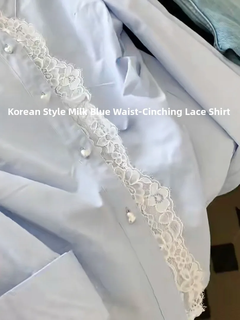 Garniture en dentelle bleue irt Jaet femmes début du printemps taille cintrée longue Sve haut de gamme sensation haut coréen Sle coupe ample bouton De...