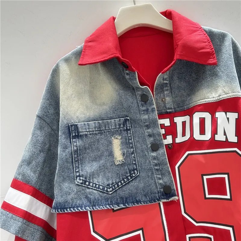 Retro Woman Denim Patchwork Shirt Jacket Numbers Letters Printed Jeans Spliced Blouse Coat Single Breasted Cowboy Cardigan Tops view 4
