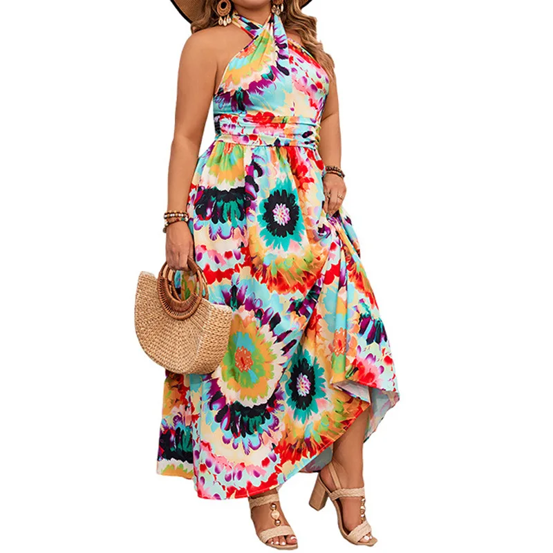 Women Plus Size Bohemian Beach Dress Tie Dye Summer Long Dress Thigh Tie Backless Halter Neck Maxi Dress Mixcolor Holiday Dress