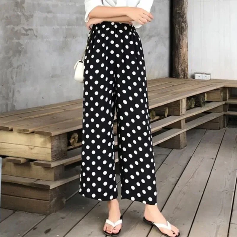 

Straight Chiffon Print Dot Wide Leg Ankle-Length Pants Summer Baggy Women Causal Pantalones Elegant Beach Trousers New A08