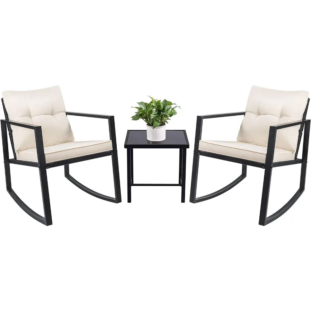 

3 Piece Rocking Bistro Set Wicker Patio Outdoor Furniture Porch Chairs Conversation Sets with Glass Coffee Table (Beige)