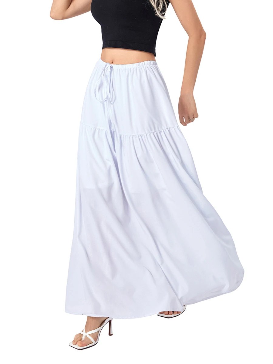 wsevypo Fairycore White Ruffle Long Skirts for Women E-Girl 2000s Aesthetic Drawstring High Waist Flowy Hem A-Line Skirts