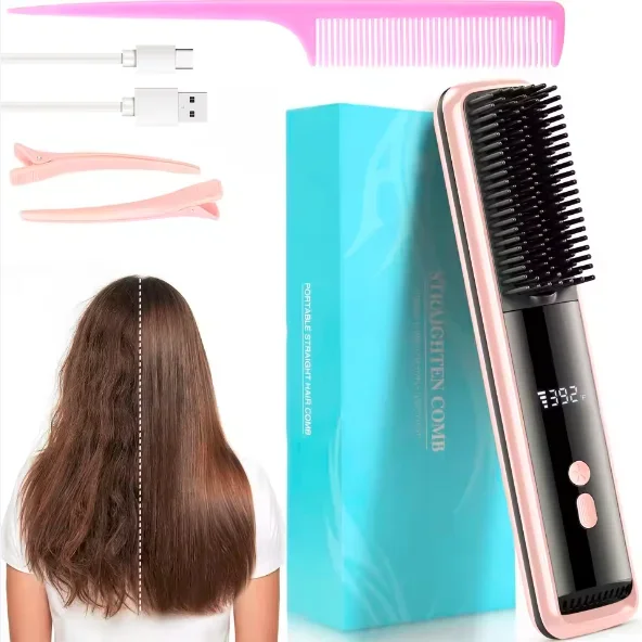 Hair Straightener Brush Upgraded Cordless Straightening Brush with 30s Fast Heat 3 Temperature Settings, lonic&Cermic Care
