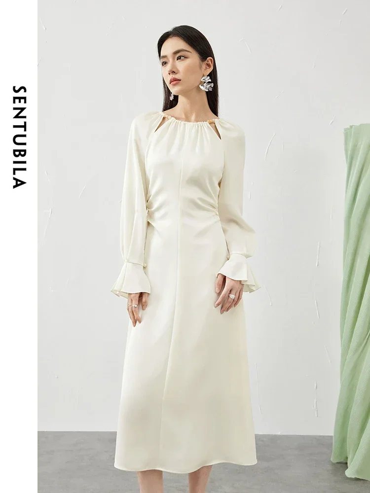 SENTUBILA Abito lungo in raso da donna elegante 2025 Abito longuette a vita increspata con cut-out moda primaverile Lady Evening Party 141L53140