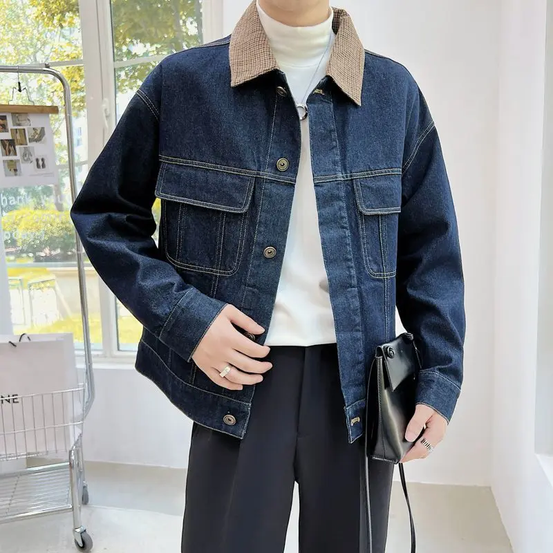 Male Jean Coats Cotton Blue Autumn Men's Denim Jacket Cowgirl Original Korea Worn Clothing Designer Aesthetic Joker Loose Lxury