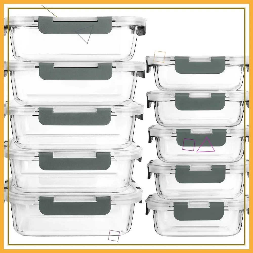 

10-Pack Glass Meal Prep Containers with Snap Locking Lids, Airtight for Microwave, Oven, Freezer & Dishwasher