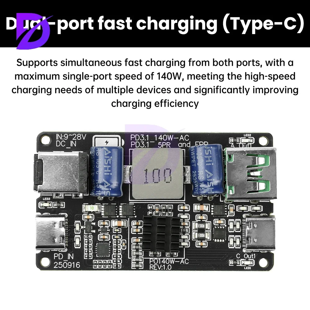 PD 140w High-power DC Buck Dual Port Fast Charging Module Type C USB Charger Full Protocol Charging Protection Board