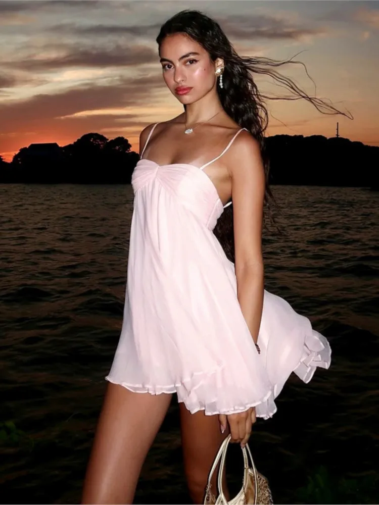 

Новое летнее элегантное женское мини-платье на тонких бретелях с рюшами, сексуальное облегающее платье-комбинация из сетки и шифона с открытой спиной, праздничное платье-комбинация