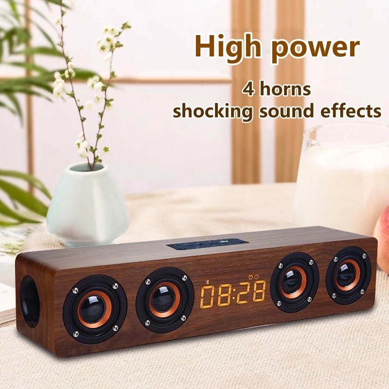 

W8C Rechargeable Wooden Alarm Clock with Bluetooth Soundbar Subwoofer Speakers and FM Radio for Home or E-sport Game Decoration