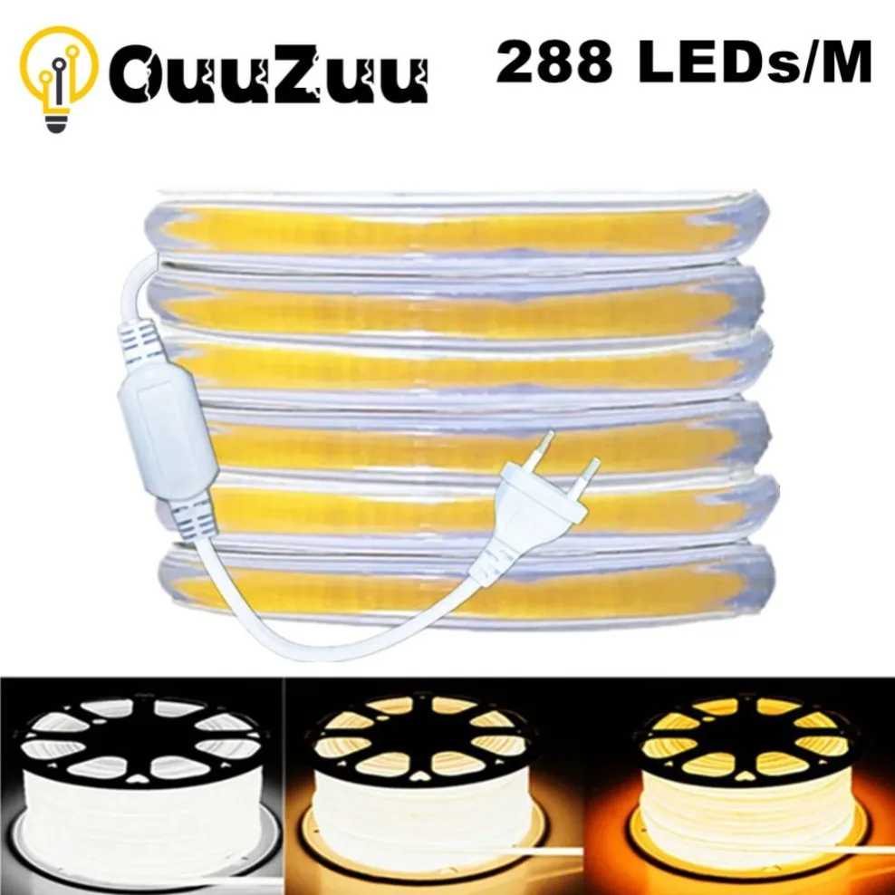 

220V COB LED Strip Light EU Power Plug IP67 3000K 4500K 6000K Buckle fixation LED Ribbon Tape Flexible COB Linear Light Bar