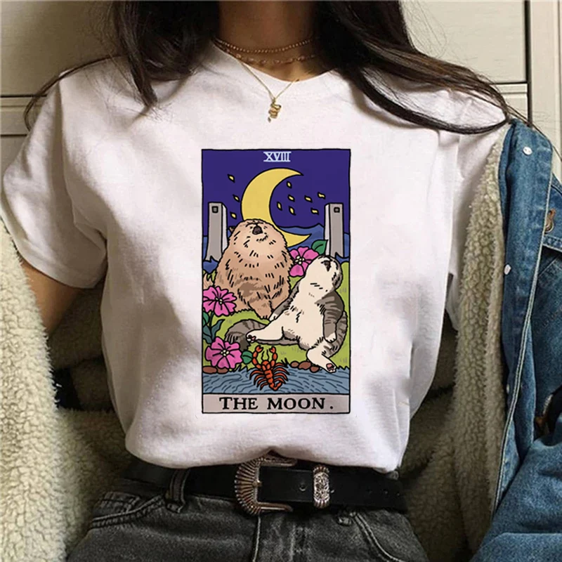 Women Tarot Cat Print Tshirt 90s Tshirt Trend Cartoon Summer Fashion Print Short Sleeve Lovely Clothes Tops Tees Tshirt T-Shirt