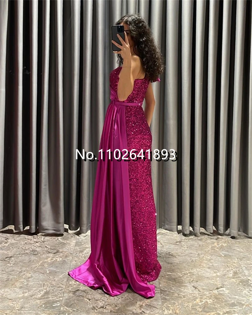 Elegant Glitter Mermaid Evening Dresses One Shoulder Shiny Solid Bodycon Prom Dress Satin Train Bride Pageant 2023 Party Gowns