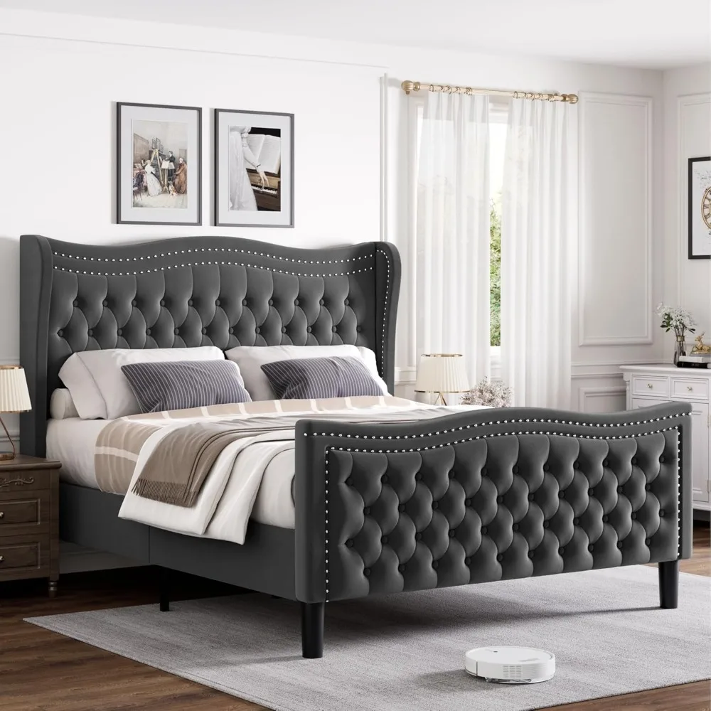 

Queen Bed Frame, 52"" Headboard Upholstered Bed with Tall Footbaord, Velvet Upholstered Deep Button Tufted Wingback Platform Bed