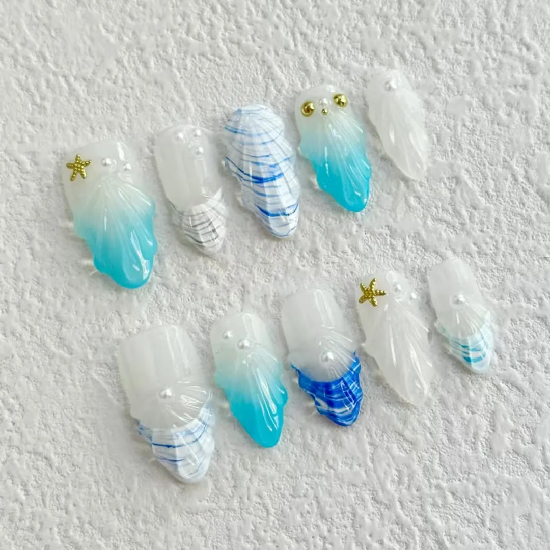 Nieuwe Ocean Series Nail Art Shell Style Kunstnagels Druk op nagels Geleidelijk veranderen van kleur Amandellengte Stuur gereedschapsset