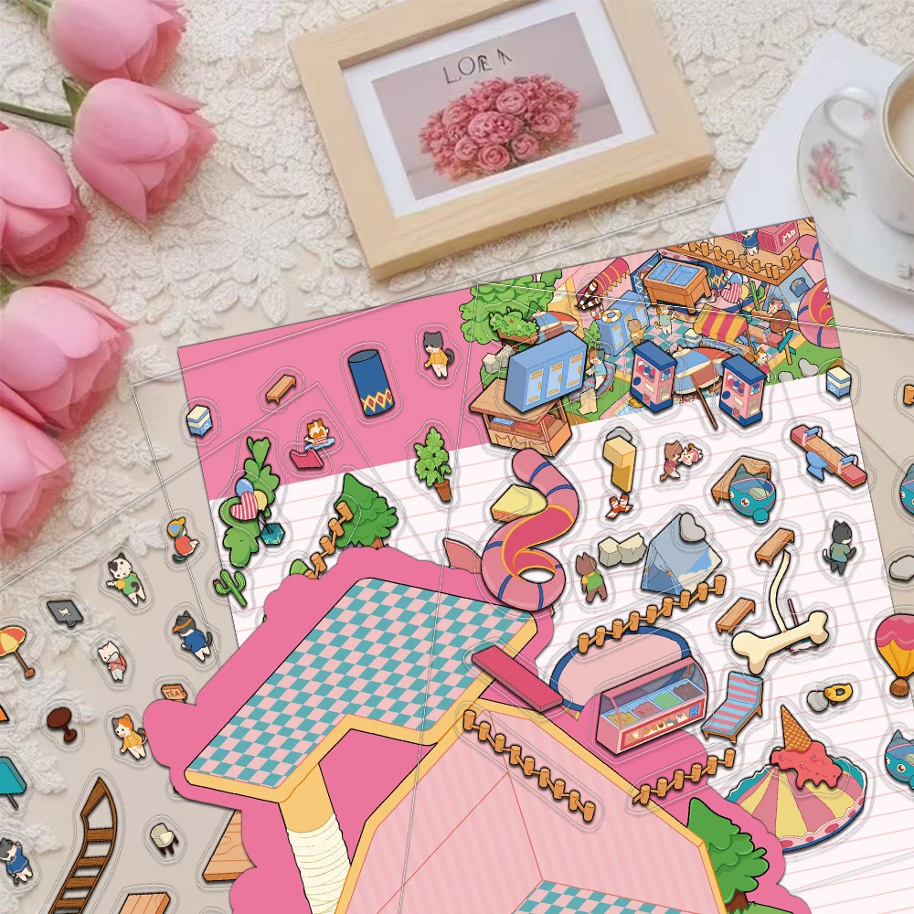 3PCS Creative Mini Shrink World Cat and Dog Park Landscape DIY Niche Decompression PET Transparent Material Stickers